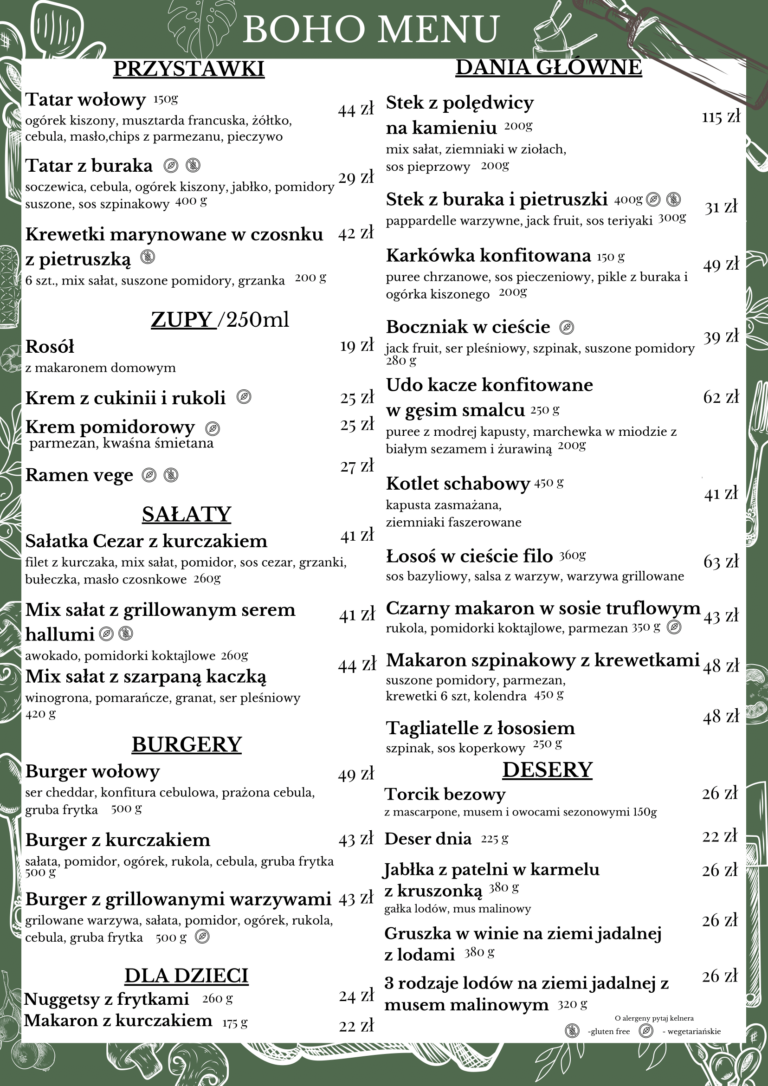 Menu restauracji